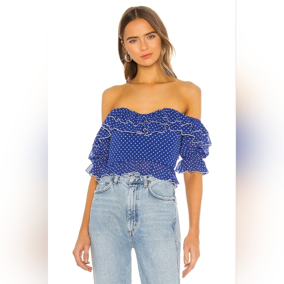 Lovers + Friends Tops - Lovers + Friends Reid Polka Dot Faux Corset Top Blue White Ruffle Size S Boho